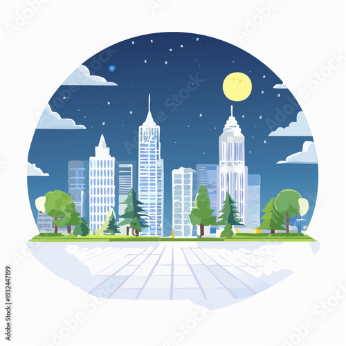 Cityscape illustration with skyscrapers and trees at night under a starry sky.