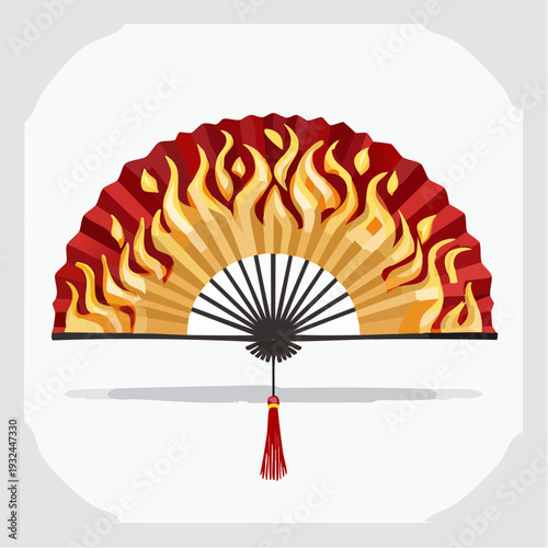 Vibrant red and orange flame design on a traditional hand fan.