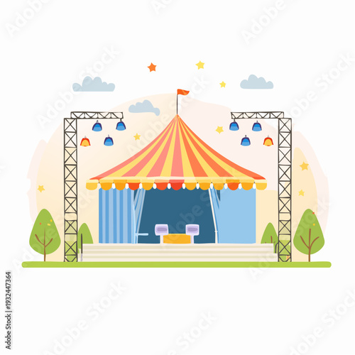 Colorful Cartoon Circus Tent with Stage and Truss Towers.