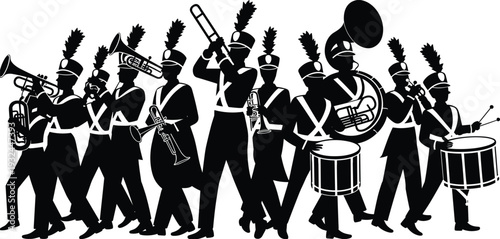 Marching Band Silhouette Vector Illustration, Military Parade Musicians with Brass Instruments and Drums Icon Set for Festival Design
