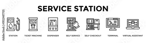 Service Station Banner Web Icon Set Collection Pack Vector Illustration Concept For Station, Ticket Machine, Dispenser, Self Service, Self Checkout, Terminal, Virtual Assistant