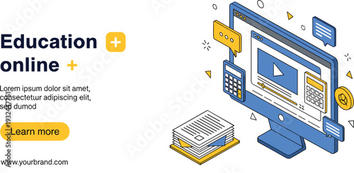 Online Education Isometric Illustration with Desktop Video Player, Digital Courses, Calculator and Documents Modern E Learning Vector Landing Page Design