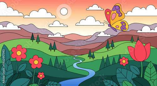 Vibrant Nature Scene A Colorful Butterfly Flying Over a Winding River in a Beautiful Landscape, Vector Illustration Art