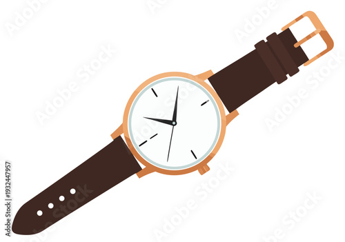 Modern analog wristwatch with brown leather strap vector illustration for accessory and fashion concepts