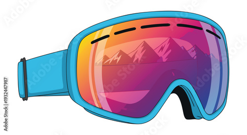 Winter Sports Ski Goggles Reflection Vector Illustration of Mountains and Sky