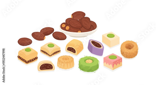 Assorted Middle Eastern Sweets and Dates Illustration.