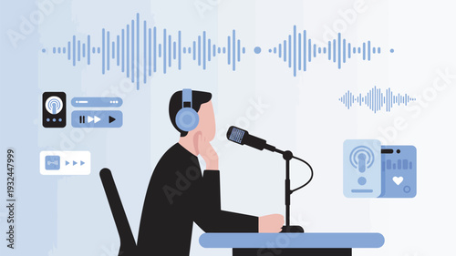 A man wearing headphones sits at a desk with a microphone, recording a podcast in a modern studio setup