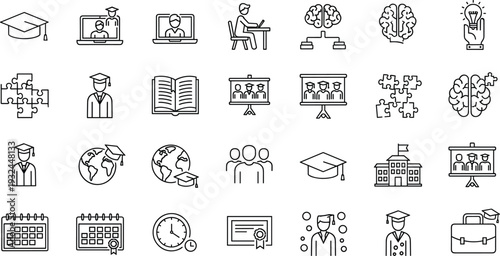 Education and Online Learning Outline Icon Set with Graduation, Classroom, Brain, Certificate, School Building and Academic Line Vector Collection