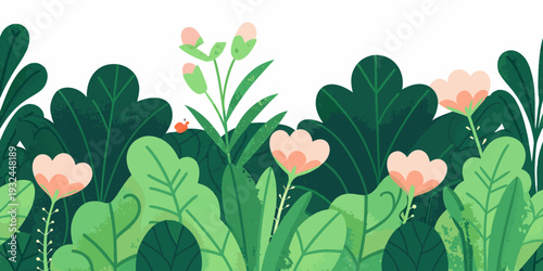 Stylized illustration of lush green foliage and delicate pink flowers