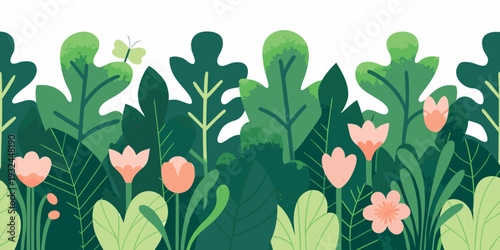 Stylized illustration of lush green foliage and colorful blooming flowers