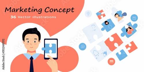 Marketing concept with a man using a phone and puzzle pieces