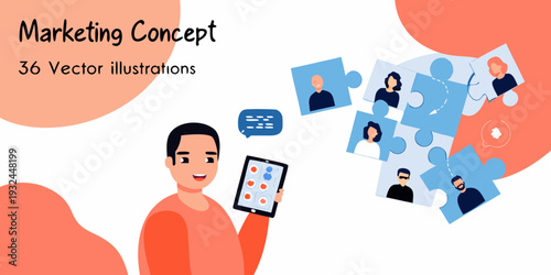 Marketing concept illustration with people puzzles and digital technology