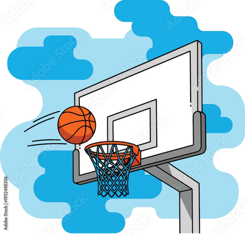 Vector illustration of a basketball flying towards a hoop on a white backboard with blue clouds.