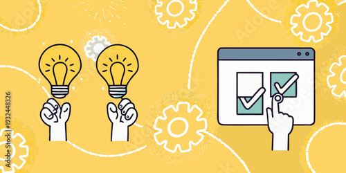 Innovation and problem solving illustrated with lightbulbs gears and a computer