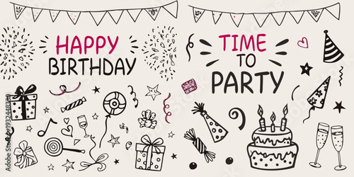 Hand drawn birthday illustration with festive decorations and lettering