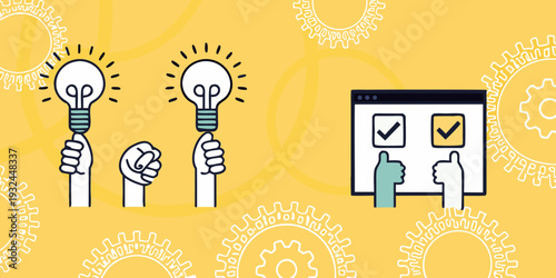 Hands raising lightbulbs and a hand interacting with a checklist