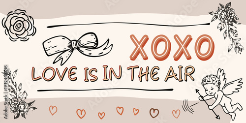 A romantic illustration featuring hearts roses and the words xoxo and love