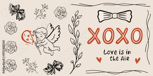 A whimsical illustration featuring roses a cupid and affectionate lettering
