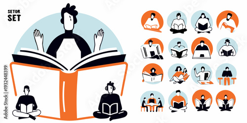 Illustration of people reading and learning with open book metaphor