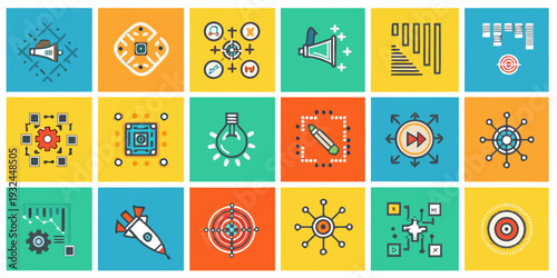 Colorful grid of flat design icons representing technology and innovation