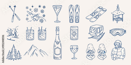 Winter themed doodles including skiing drinks and mountainous scenery
