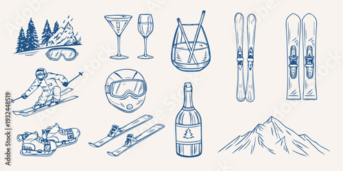 Winter sports and apr s ski themed sketches in a blue toned style