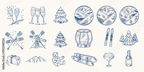 Hand drawn winter holiday illustrations featuring festive objects and activities