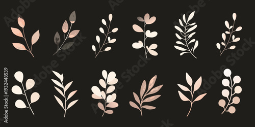 Elegant botanical arrangements of delicate leaves in muted earthy tones