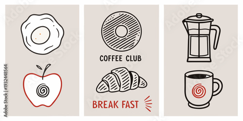 Breakfast icons featuring eggs pastries coffee and fresh fruit