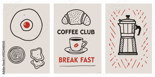 Breakfast and coffee themed illustrations in a minimalist hand drawn style