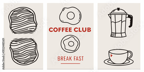 Minimalist breakfast illustrations featuring bread eggs and coffee