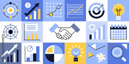 Business concepts illustrated through a vibrant grid of icons and symbols