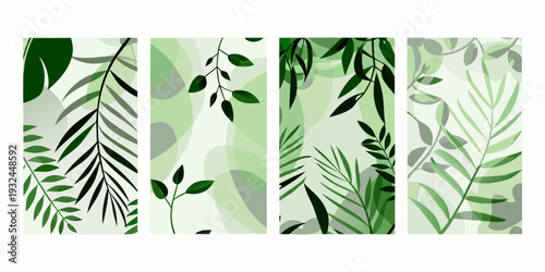 Abstract botanical patterns in varying shades of green and light gray