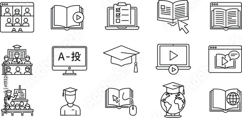 Online Education and E Learning Outline Icon Set with Graduation, Video Conference, Classroom, Translation and Academic Line Vector Collection