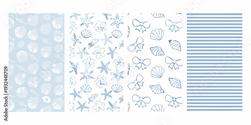 A pastel blue pattern featuring seashells starfish flowers and bows