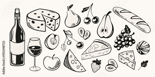A collection of hand drawn fruits cheeses wine and bread items