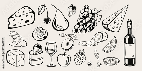 A black and white illustration of various fruits cheeses and wine