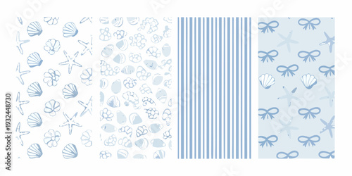 Blue patterned backgrounds featuring seashells stripes and bows