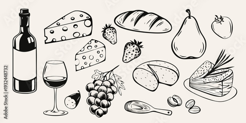 A collection of hand drawn food items including wine cheese and fruit
