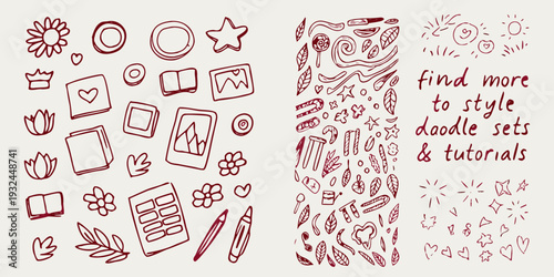 Hand drawn doodle illustrations featuring hearts stars flowers and various objects