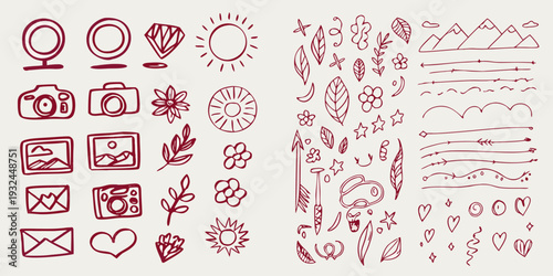 Hand drawn doodle set featuring cameras nature and abstract shapes