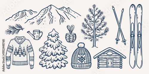 Winter themed doodles including mountains skis and cozy elements