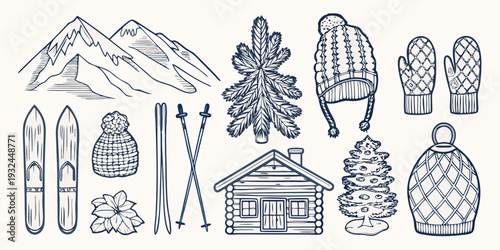 Winter themed sketches including mountains foliage and cozy cabin life