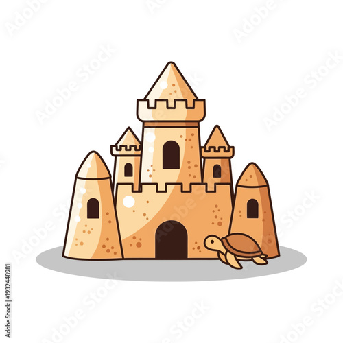 Flat vector illustration of a turtle and sand castle