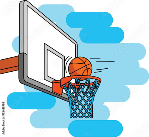 Basketball flying into a hoop with a white backboard and blue net on a sky background