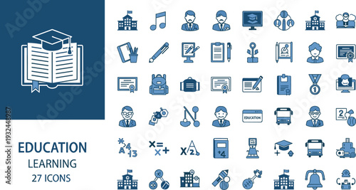 Education learning icon set with graduation cap classroom student diploma school and academic training symbols isolated on white background