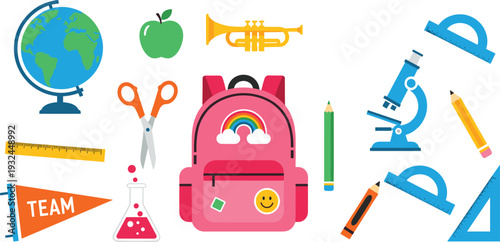 Back to School Illustration Set with Pink Backpack, Globe, Microscope, Science Flask, Trumpet, Apple, and Stationery Icons