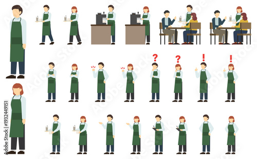 フラットイラスト：男女のカフェ店員セット