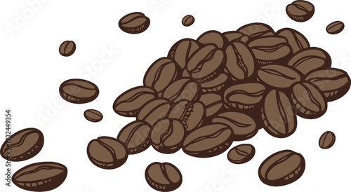 Coffee beans scattered in a pile on a white background as a hand-drawn vector illustration for cafe branding and organic food design.