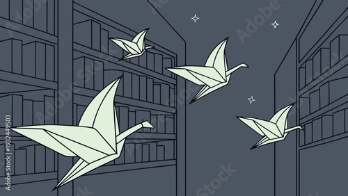 Origami paper cranes flying through a library aisle with bookshelves in a minimalist flat vector illustration representing imagination, education, and storytelling concepts.